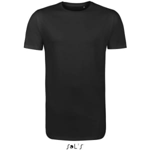 A black men's long-length T-shirt with short sleeves, featuring a branding logo at the bottom.