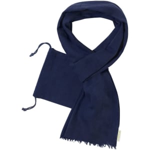 A navy blue scarf with frayed edges and drawstrings at one end. It has a logo detail.