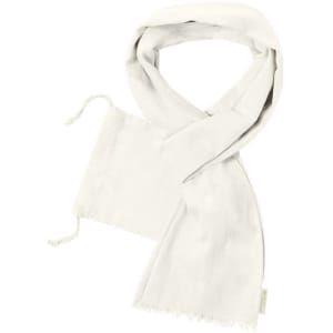 A scarf in a soft white colour with tasselled ends and drawstring pouch. Features a subtle logo.