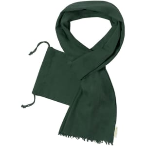 A green scarf displayed neatly, featuring a soft texture and fringed edges, with adjustable ties on one end.