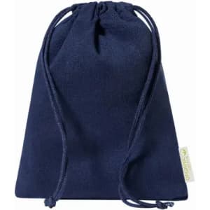 A drawstring bag in navy blue with a branded tag at the bottom.