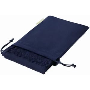 A navy blue pouch with a drawstring closure and tassel detail. It has a simple, elegant design.