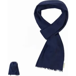 A navy scarf displayed with a matching pouch. The scarf is soft and features a fringed edge.