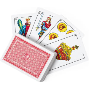 A deck of playing cards featuring illustrated face cards, with a red patterned card backing.