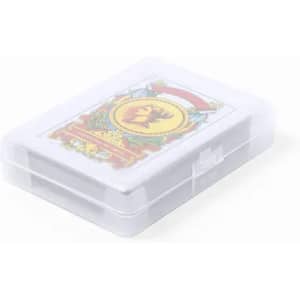 A deck of playing cards in a transparent plastic case, featuring colourful designs on the front.