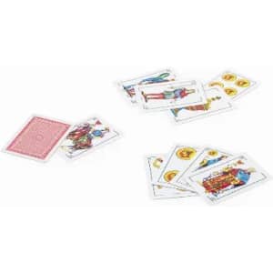 A set of playing cards in various designs, featuring colourful illustrations and one card with a pink back.
