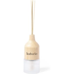 A diffuser with a wooden top and frosted glass base, featuring three reeds for fragrance dispersal.