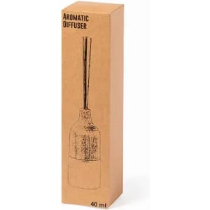 A narrow, brown box containing an aromatic diffuser, featuring black line illustrations and a clear base.