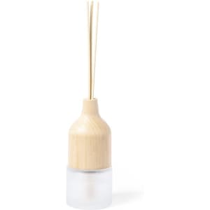 A diffuser with a wooden top and a frosted glass base, featuring three reed sticks.
