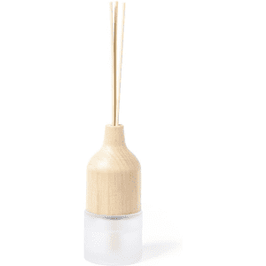 A diffuser with a wooden top and a frosted glass base, featuring three reed sticks.