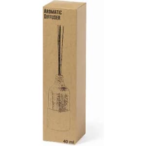 A bottle-shaped aromatic diffuser in a brown cardboard package, featuring wooden reeds inside.