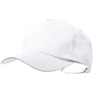 A white baseball cap with a curved brim and an adjustable strap at the back, featuring a logo on the side.