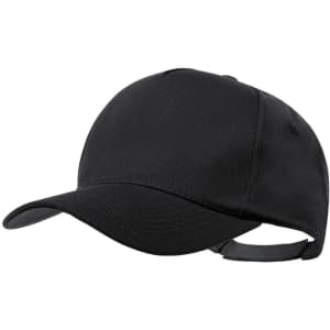 A black cap with a curved brim and an adjustable strap at the back, featuring a plain design.