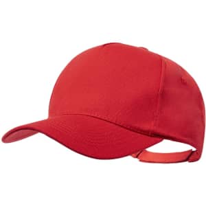 A red cap with a curved brim and an adjustable strap at the back. It features a plain design without logos.