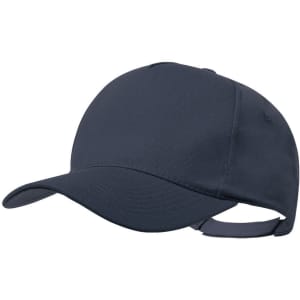 A navy cap with a curved brim and an adjustable strap at the back, featuring a logo.