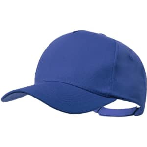 A cap in vibrant royal blue, featuring a curved brim and an adjustable strap at the back.