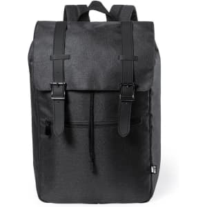 A backpack in dark grey with a flap closure and dual buckle straps, featuring a front zip pocket.