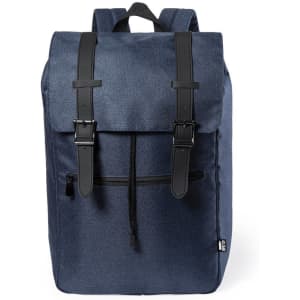 A backpack in navy blue with a flap top, adjustable straps, and black leather accents. It features front buckles and a zipper pocket.
