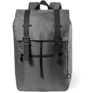 A grey backpack with a flap closure and black straps, featuring a front zip pocket and side adjusters.