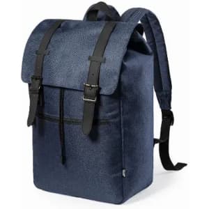 A backpack with a navy blue fabric, featuring leather straps and a roll-top design with a front pocket.