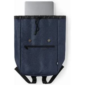 A navy blue backpack with a laptop compartment and adjustable straps, featuring a simple button design.