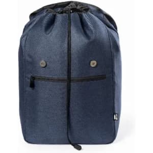 A drawstring backpack in navy blue fabric features a front pocket and playful button accents. It has a branding logo.