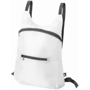 A backpack in white with black straps and a front zip pocket, featuring a simple design and a logo.