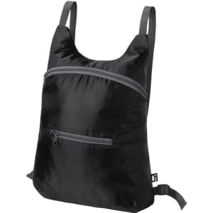 A black backpack designed with two zippered compartments and adjustable straps. The material appears lightweight and durable.