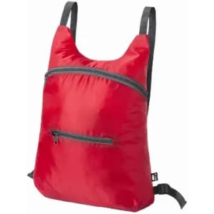 A red backpack featuring adjustable straps and a front zip pocket, with a simple design and lightweight fabric.