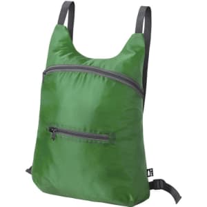 A green backpack with adjustable straps and two zippered pockets, featuring a simple design. It has a logo on the side.