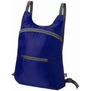 A backpack in navy blue with grey straps and two zippered pockets on the front.