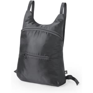 A grey backpack featuring adjustable straps and multiple zippered pockets, with a simple logo on the side.