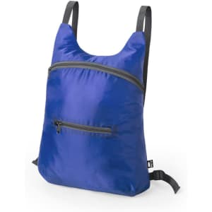 A blue backpack with adjustable straps and multiple zippered pockets. It has a simple, minimalist design.