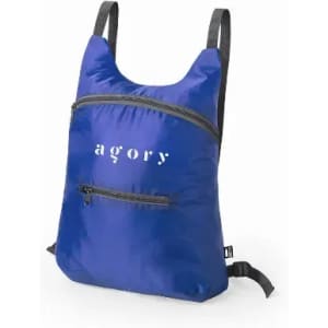 A blue backpack featuring a front zip pocket and a logo on the front. It has adjustable straps.
