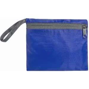 A blue pouch with a grey zipper and a wrist strap, featuring a simple and durable design.