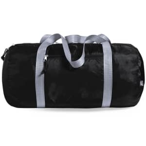 A black duffle bag with grey straps, featuring a zip closure and a sleek, shiny finish.