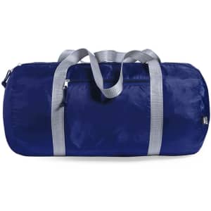 A duffle bag in navy blue with grey straps and zippers, featuring a logo on one side.