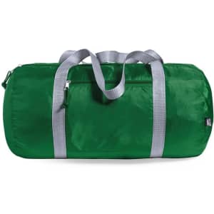 A green duffel bag with gray handles and zippered compartments. Features a simple, sleek design.