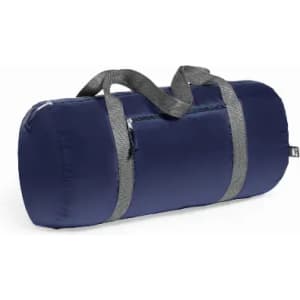 A cylindrical navy blue duffel bag with grey straps and a zippered pocket on the side.