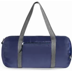 A navy blue duffel bag with grey straps, featuring a zippered compartment. The bag has a simple design and a logo.