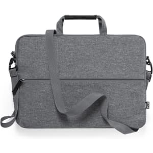 A grey laptop bag featuring dual handles and an adjustable shoulder strap, with a zippered closure and a logo.