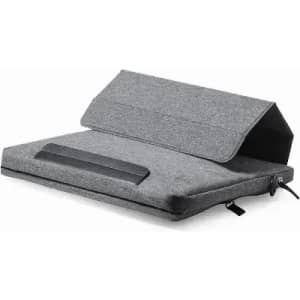A tablet sleeve in grey fabric with a flap cover and a black strap for secure closure. Features a logo.