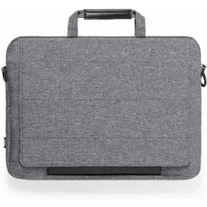 A laptop bag in grey fabric featuring a handle and a front flap, designed for carrying and protection.