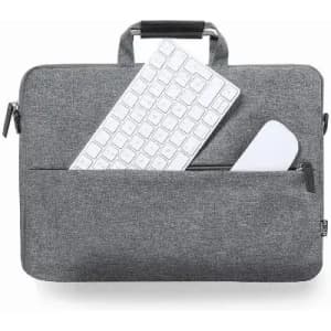 A grey laptop bag with a white keyboard and mouse partially visible in a front pocket. The bag has a handle and zippers.