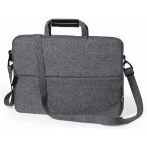 A grey laptop bag with a single top handle and a detachable shoulder strap, featuring a zippered compartment.