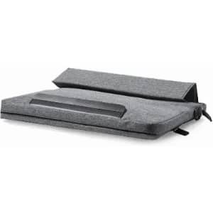 A grey laptop sleeve with a flap and a textured finish, featuring a logo on the front.