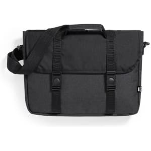 A messenger bag in black with adjustable straps and a flap closure, featuring a logo on the side.