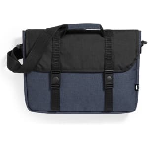 A messenger bag in navy and black, featuring adjustable straps and a flap closure, with a small logo.