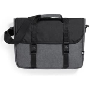 A messenger bag in black and grey with adjustable straps and a flap closure. Includes a logo.
