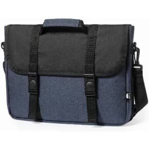A messenger bag featuring a black and navy blue design, with adjustable straps and a handle.